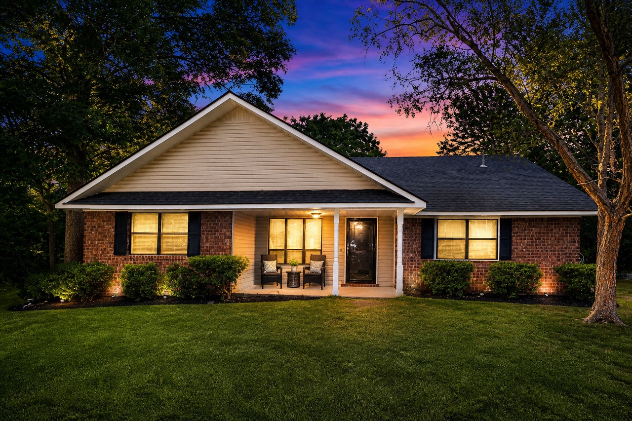 Jennie House in Goose Creek with its porch lights on